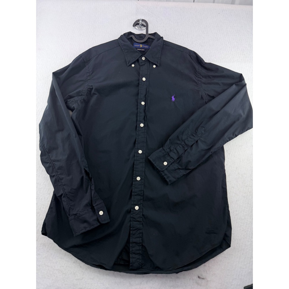 Ralph Lauren Mens Large Black Bermuda Poplin Button Down Purple Pony Logo Shirt